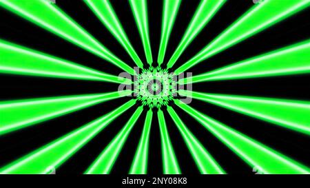 Kaleidoscopic pattern with flashing rays. Motion. Round pattern in center with flashing bright rays on black background. Animated pattern with circles Stock Photo