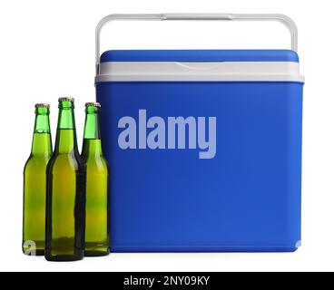 Blue plastic cool box with bottles isolated on white Stock Photo