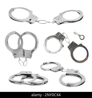 Set with classic chain handcuffs on white background Stock Photo