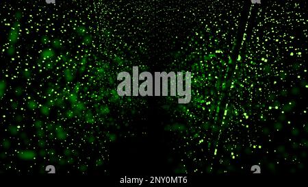 Green dark background. Design.Bright green particles in the animation fly in different directions. High quality 4k footage Stock Photo