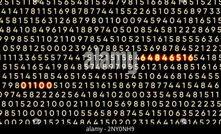 Numerical code in matrix computer program. Motion. Glowing numbers in program code stream. Highlighted neon numbers in digital stream. Stock Photo