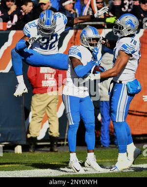 Detroit Lions defensive back D.J. Hayden is congratulated by teammates  Tavon Wilson and Jeremiah Valoaga after he recovered a Chicago Bears  quarterback Mitchell Trubisky fumble and returned it for a touchdown during