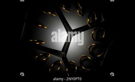 Black background with blue and gold rings. Design. Rotating in a circle small rings made in abstraction. High quality 4k footage Stock Photo
