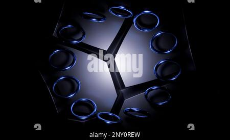Black background with blue and gold rings. Design. Rotating in a circle small rings made in abstraction. High quality 4k footage Stock Photo