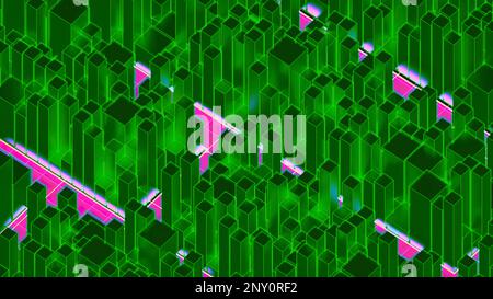 Green and red background. Design. Bright animation consisting of small squares and rectangles of different colors that moves in different directions. Stock Photo