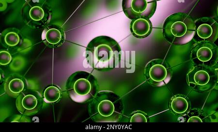 Green and gray background. Design. Connected molecules with a nucleus that move in different directions in abstraction. High quality 4k footage Stock Photo