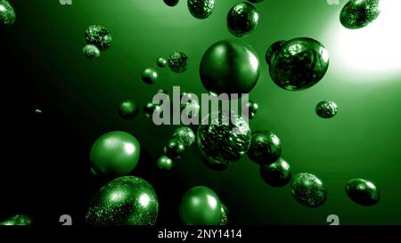 Green and purple background. Design. Small different bubbles with drawings inside rotate in a circle in animation. High quality 4k footage Stock Photo