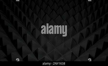 Background of pyramidal triangles on surface. Design. Surface with 3d pyramids like scales or needles. Background with triangular pyramids and sharp t Stock Photo