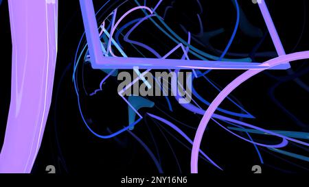 Black background with multicolored swirling stripes. Design. Bright lines creating various patterns develop as if in the wind in abstraction. High qua Stock Photo