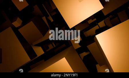 Purple and gold squares. Design. Black background with bright animation and large squares that are arranged in a chaotic order. High quality 4k footag Stock Photo