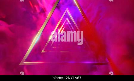 Green and pink smoke near the triangle tunnel. Design. Golden triangles standing on which a bright spray of multicolored colors falls in animation. Hi Stock Photo