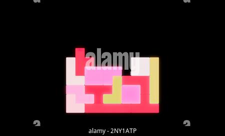 Multicolored Tetris. Design. Light geometric shapes creating a square falling on each other on a black background in animation. High quality 4k footag Stock Photo