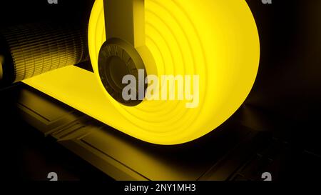 Yellow and orange dangling ribbon. Design.Light animation with dark equipment where the tape is swinging. High quality 4k footage Stock Photo