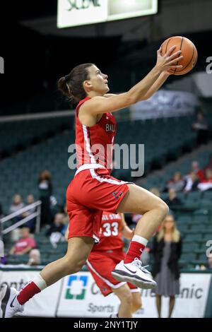 CLEVELAND, OH - NOVEMBER 11: Ball State Cardinals guard Jasmin Samz (24)  shoots during the first quarter of the women's college basketball game  between the Ball State Cardinals and Cleveland State Vikings