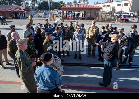 SAN DIEGO (Feb. 02, 2023) Members of the United States Naval War College prepare to tour the Nimitz-class aircraft carrier USS Abraham Lincoln (CVN 72). Abraham Lincoln is currently moored at Naval Air Station North Island. Stock Photo