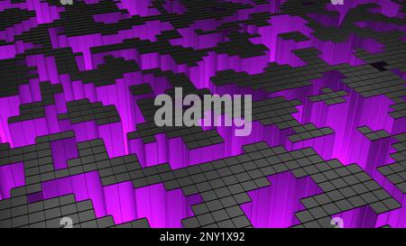 Pixel 3D surface in style of game. Design. 3D polygon with squares on surface with collapses. Pixel 3d polygon for computer game. Stock Photo