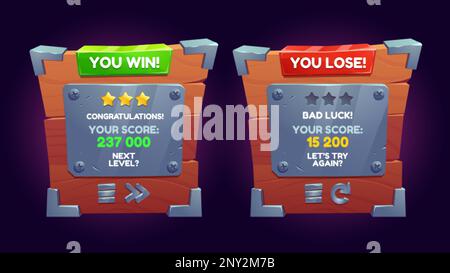 Win and lose ui game screen design, wooden winner panel with score and steel buttons. Cartoon mobile app popup menu template for level progress and co Stock Vector