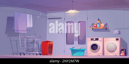 Cartoon laundry room interior design. Vector illustration of washing machine and drier, clean sheets drying on rack, dirty clothes in basket, detergen Stock Vector