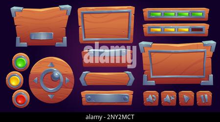 Set of wooden game ui board templates isolated on background. Vector cartoon illustration of old wood texture menu and settings windows, buttons, prog Stock Vector