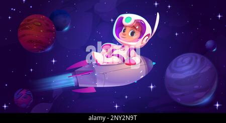 Cute cartoon astronaut flying on rocket in space. Vector illustration of boy in cosmonaut suit lying on spaceship moving by alien planets and stars ag Stock Vector