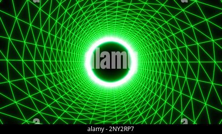 Flying inside neon striped circular tunnel with a dark pulsating sphere in the end. Motion. Endless digital journey Stock Photo