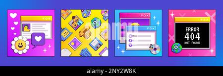 Set of old software windows, y2k vaporwave style. Vector illustration of retro chat messenger with chamomile smiley, media player, 404 error warning s Stock Vector