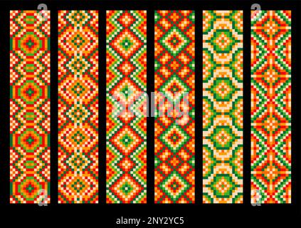 Ethnic mexican pixel pattern with aztec tribal ornament. Vector borders, ribbons and stripes with color geometric mosaic for Mexico embroidery, fabric, carpet or clothes decoration Stock Vector