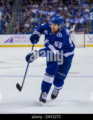 Tampa Bay Lightning defenseman Jake Dotchin (59) pins New York