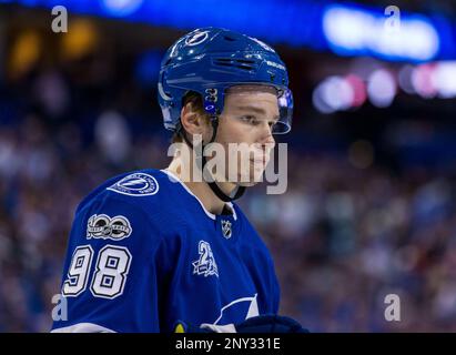 Tampa Bay Lightning defenseman Jake Dotchin (59) pins New York