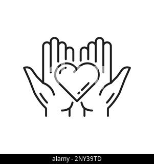 Help and support, people holding heart in hands, family couple in love isolated outline icon. Vector healthcare, cardiology medical clinic emblem Stock Vector