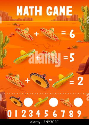 Math game worksheet mexican sombrero hats and flowers. Vector ...