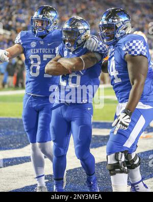 October 28, 2017: Kentucky's Benny Snell Jr. #26 jumps into the arms of  C.J. Snell #87 to celebrate a touchdown during the NCAA football game  between the Tennessee Volunteers and the Kentucky