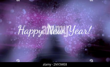 Happy New year on background of bokeh and Christmas tree. Motion. Christmas tree. Festive animation with Happy New Year greetings. Happy New Year insc Stock Photo