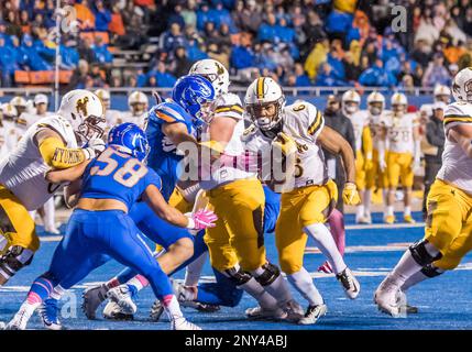 BOISE, ID - OCTOBER 21: Boise State Broncos running back Alexander Mattison  (22) shows some frustration after running out of bounds during the regular  season game between the Wyoming Cowboys verses the