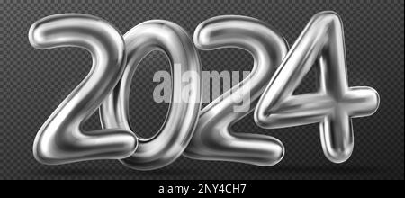 3d balloons in shape of 2024 numbers. Font of 2, 4 and zero signs for party decoration, new year celebration, greeting card. Glossy metal digits balloons, vector realistic illustration Stock Vector