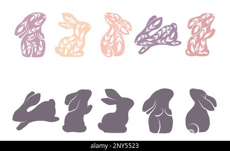 Childrens educational fun. Find right black silhouette for delicate tracery rabbits. Vector template for Easter preschool games. Find the correct Stock Vector