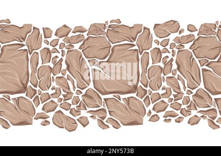 Vector seamless horizontal frame made of dry clay. Texture frieze with cartoon smashed rocks with cracks isolated from background. Frame made of grave Stock Vector
