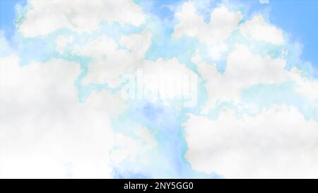 White clouds move on colored background. Motion. 3D animation of moving white clouds in space. 3D clouds or thick fog move with blur. Effect of memori Stock Photo