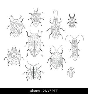 Vector coloring book page. Bug, cockroach, ant, ladybug illustrations. Line art design, geometric elements for adult or kids colouring book. Stock Vector