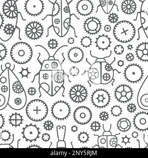 Steampunk vintage metal isolated frames vector seamless pattern. Grunge insects, cogs, black elements, wheels and gears. Stock Vector