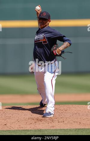 Atlanta Braves pitcher Jesse Chavez works against the New York Mets in the  first inning of a baseball game Saturday, Oct. 2, 2021, in Atlanta. (AP  Photo/Ben Margot Stock Photo - Alamy