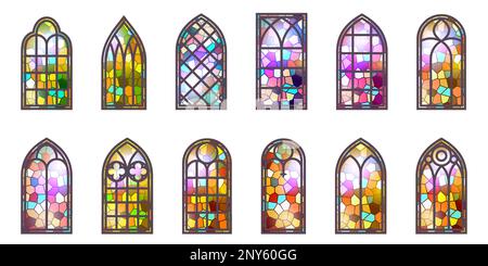 Gothic stained glass windows. Church medieval arches. Catholic cathedral mosaic frames. Old architecture design. Vector set Stock Vector