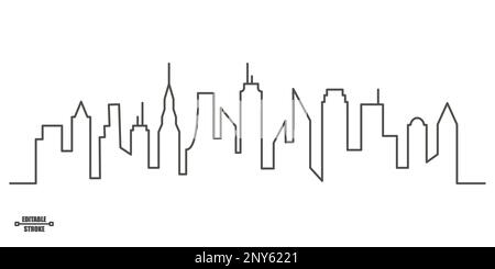 City skyline with buildings. Editable outline continuous silhouette. Urban illustration with abstract landscape. Vector contour panorama Stock Vector