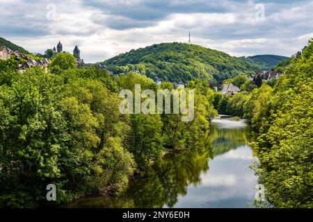 The river Lenne near Altena with Altena Castle in the background, North Rhine-Westphalia Stock Photo