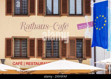 Town hall cafe in Staufen im Breisgau, Germany, geothermal drilling led to uplifting of the old town and cracks and building damage to 268 houses Stock Photo