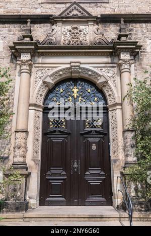 Door, moated castle, Bueckeburg, Lower Saxony, Germany Stock Photo
