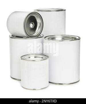 Closed blank cans of paint on white background Stock Photo - Alamy