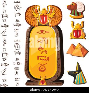 Stone board or clay tablet with scarab beetle and Egyptian hieroglyphs cartoon vector illustration Ancient object for recording storing information, graphical user interface for game design on white Stock Vector