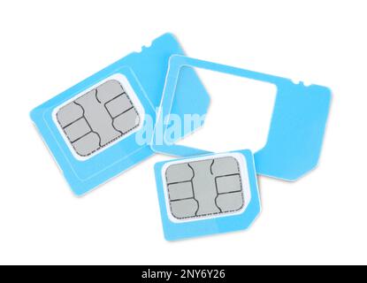 Light blue SIM cards on white background, top view Stock Photo
