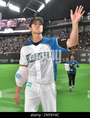 Hokkaido Nippon-Ham Fighters starter Syohei Otani reacts in the 1st inning  during a Nippon Professional Baseball's Pacific League match against Orix  Buffaloes at Sapporo Dome in Sapporo, Hokkaido on Oct. 4, 2017.
